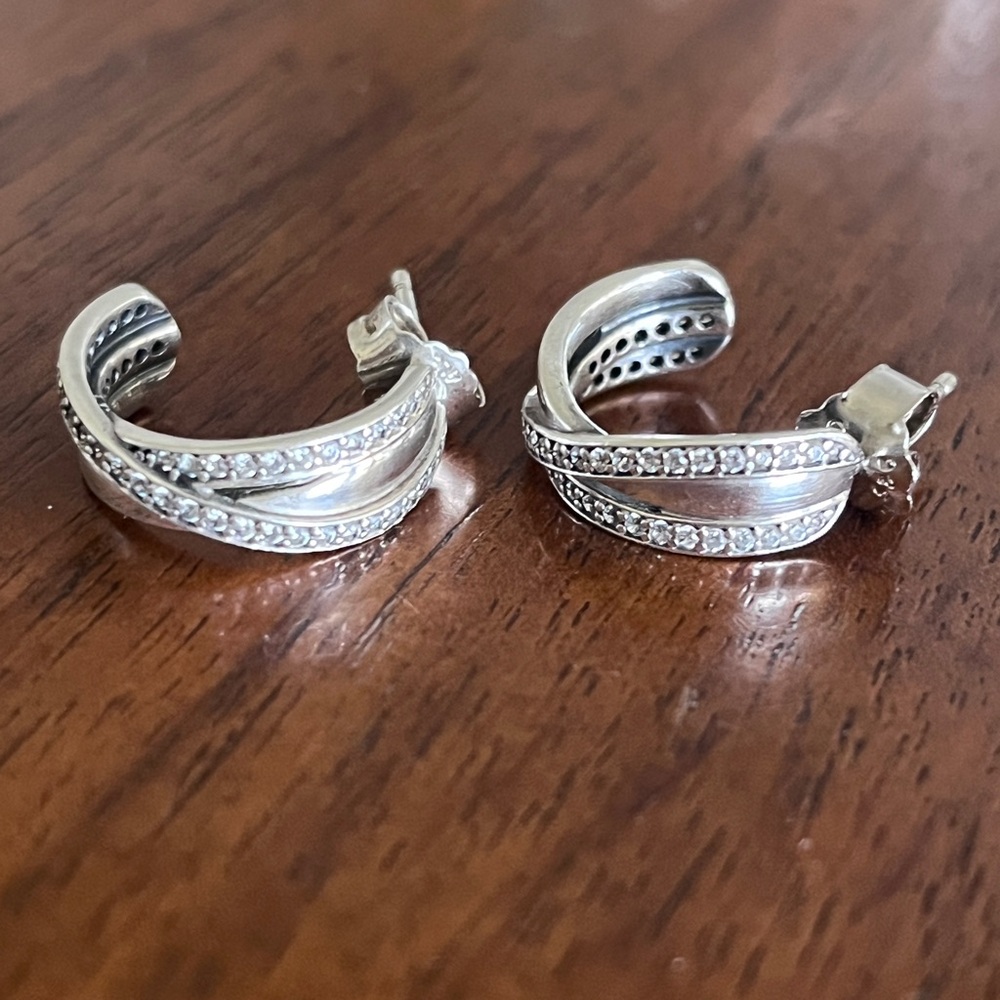Retired PANDORA Silver Pave Crossover Earrings